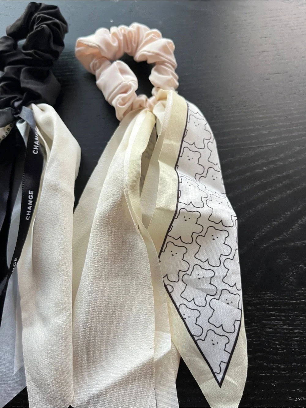 Black and Blush Scarf Scrunchie Hair Ties Set Bow Ribbon Black White Cream Lot